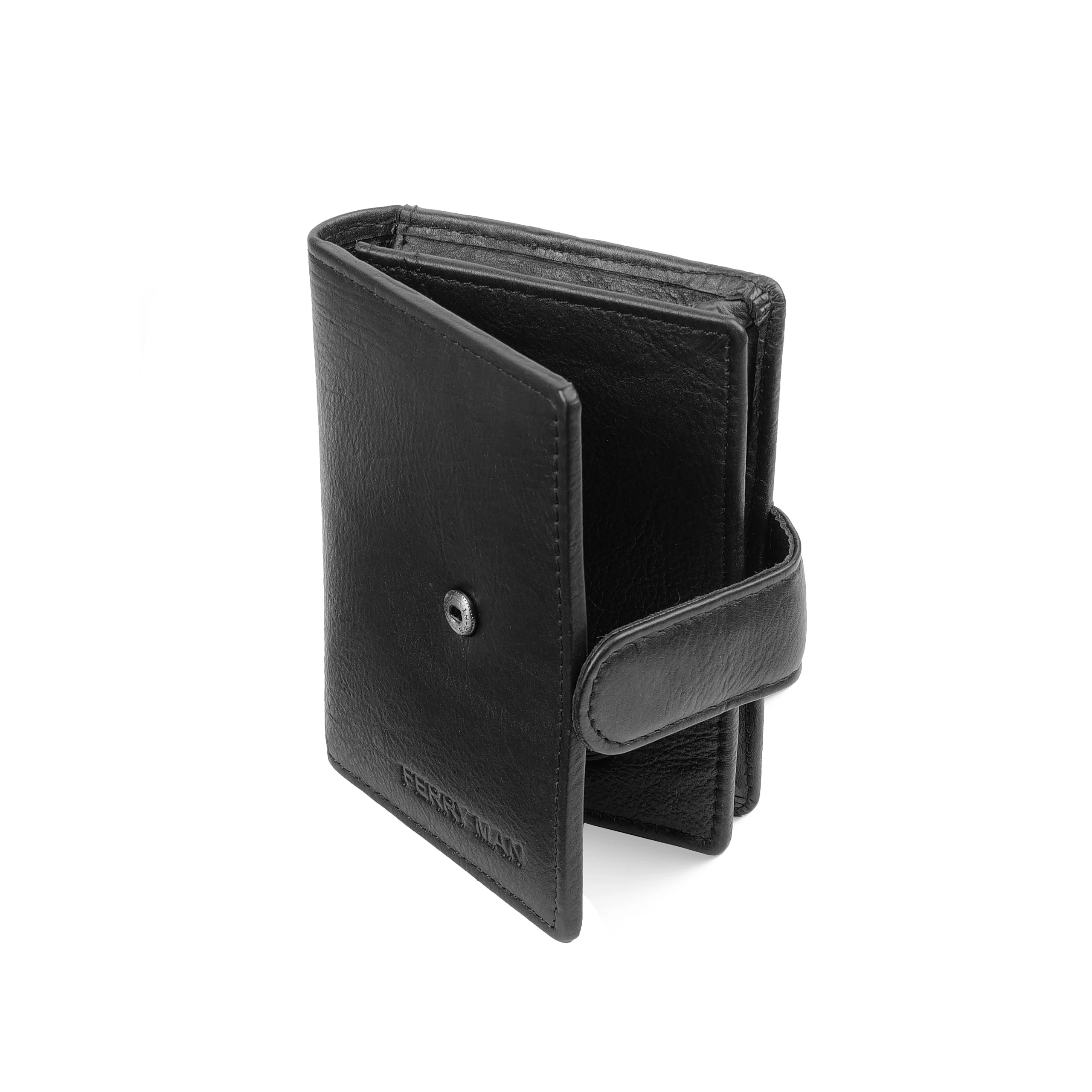 Semi open view of Ferryman Art No 8825 black leather men’s wallet with flap strap