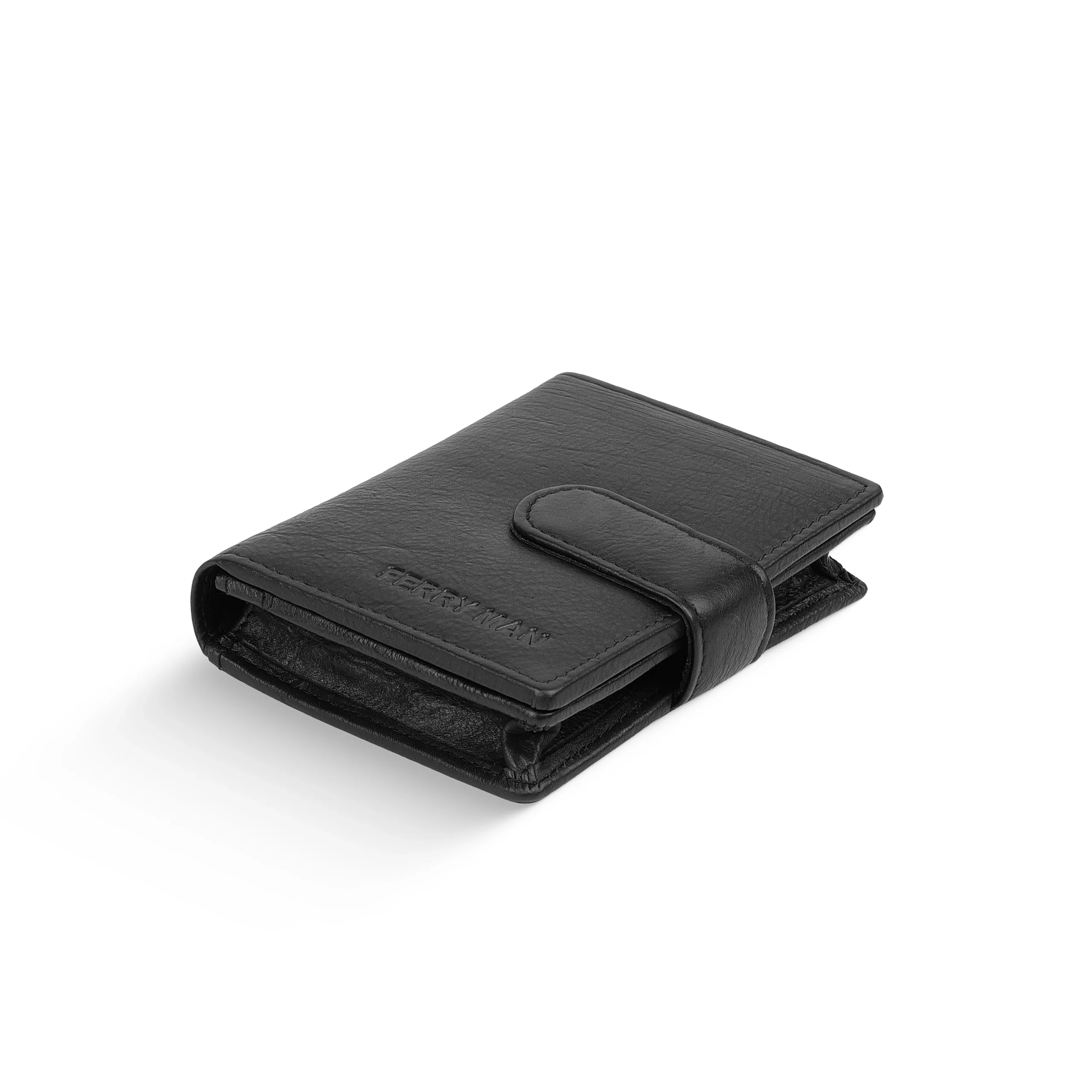Folded view of Ferryman Art No 8825 black genuine leather wallet with flap closure