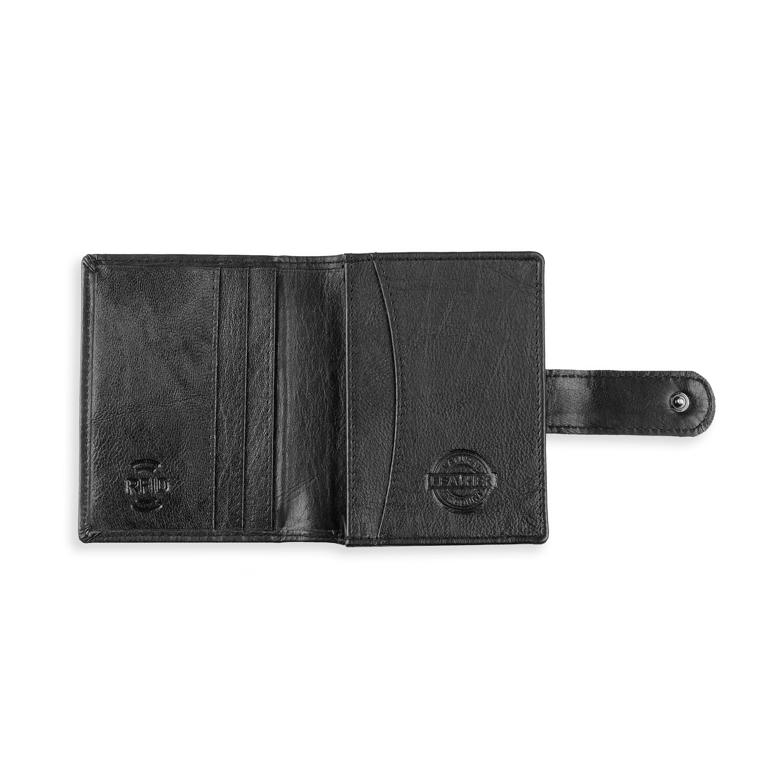 Interior view of Ferryman Art No 8825 black genuine leather men’s wallet with card slots